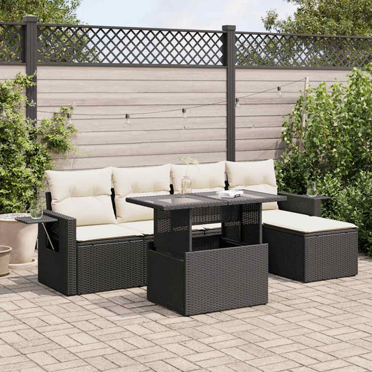 6-delige Loungeset met kussens poly rattan zwart