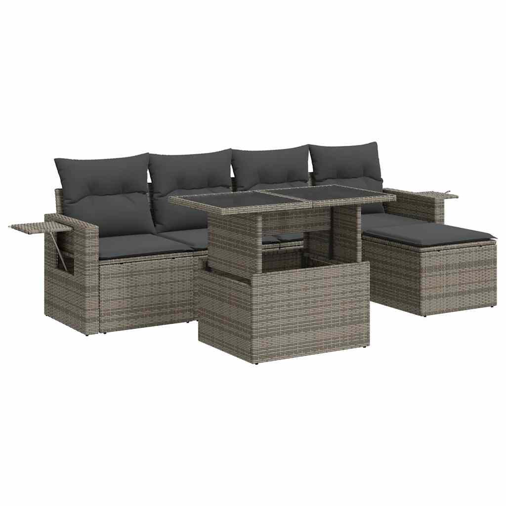 6-delige Loungeset met kussens poly rattan grijs