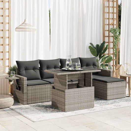 6-delige Loungeset met kussens poly rattan grijs