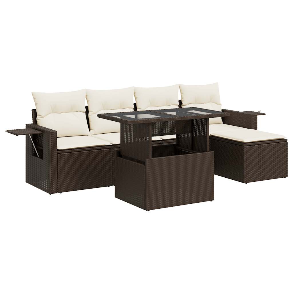 6-delige Loungeset met kussens poly rattan bruin