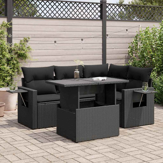 5-delige Loungeset met kussens poly rattan zwart