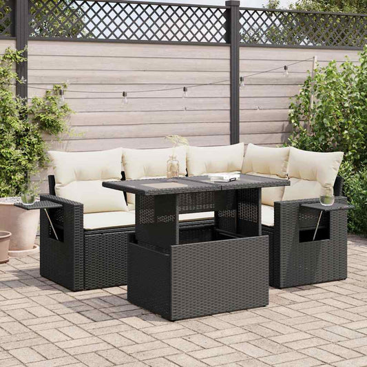 5-delige Loungeset met kussens poly rattan zwart