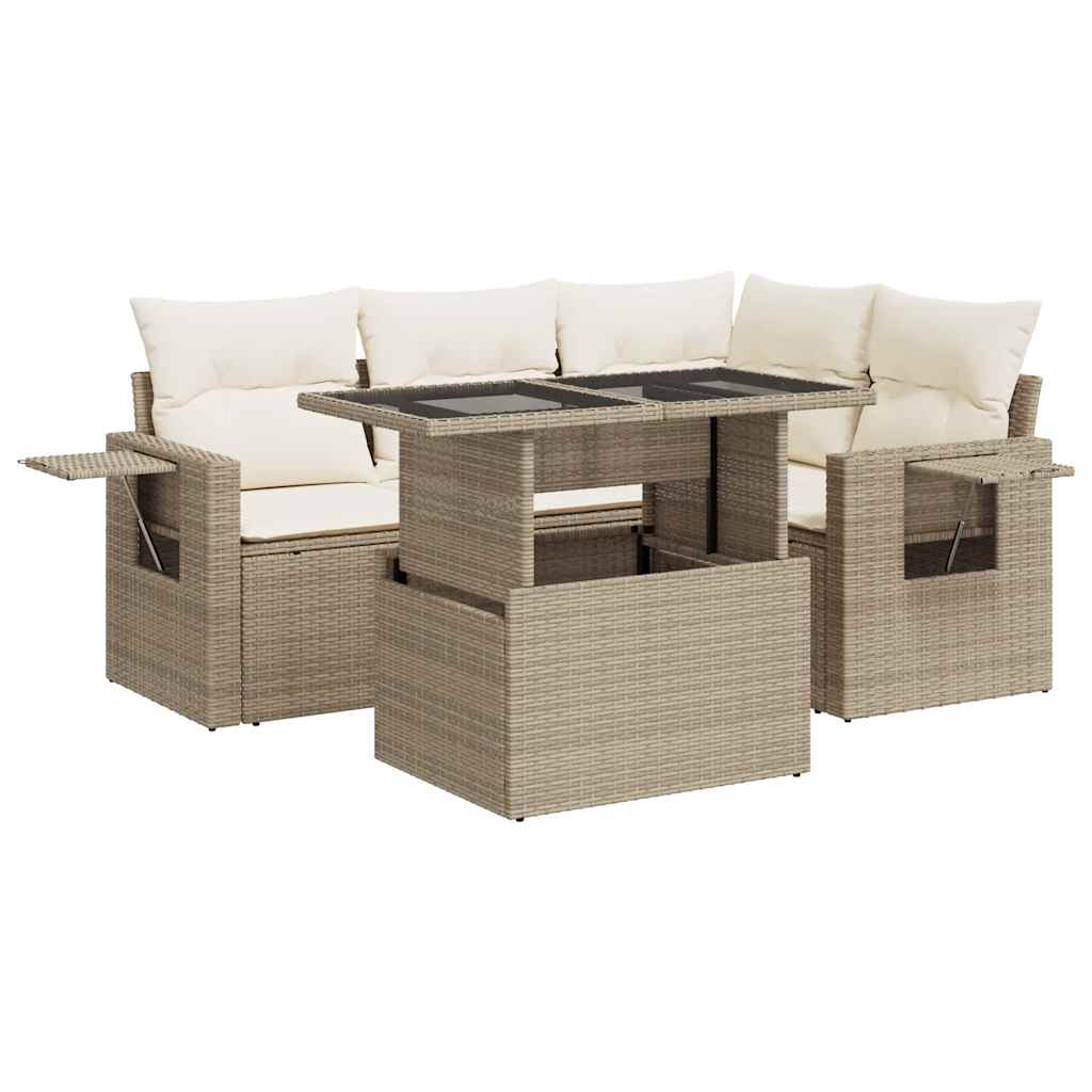 5-delige Loungeset met kussens poly rattan beige