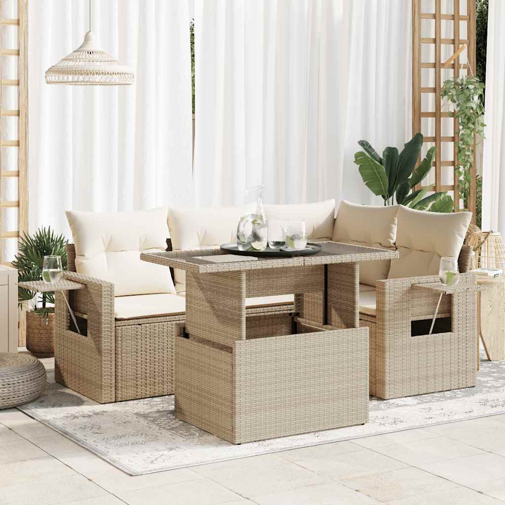 5-delige Loungeset met kussens poly rattan beige