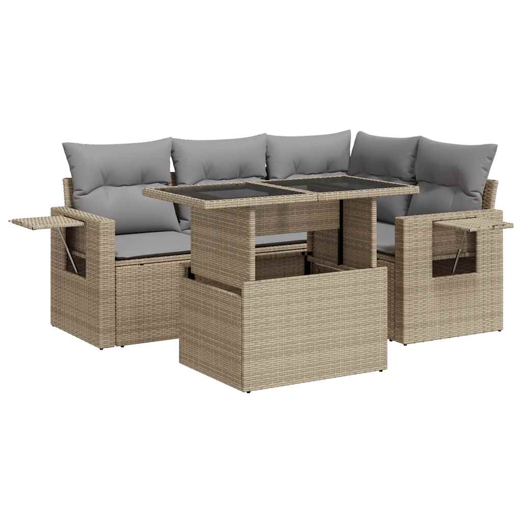 5-delige Loungeset met kussens poly rattan beige