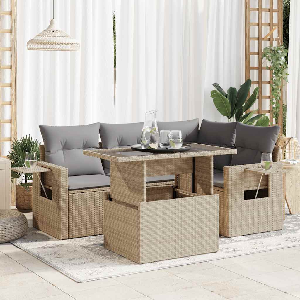 5-delige Loungeset met kussens poly rattan beige