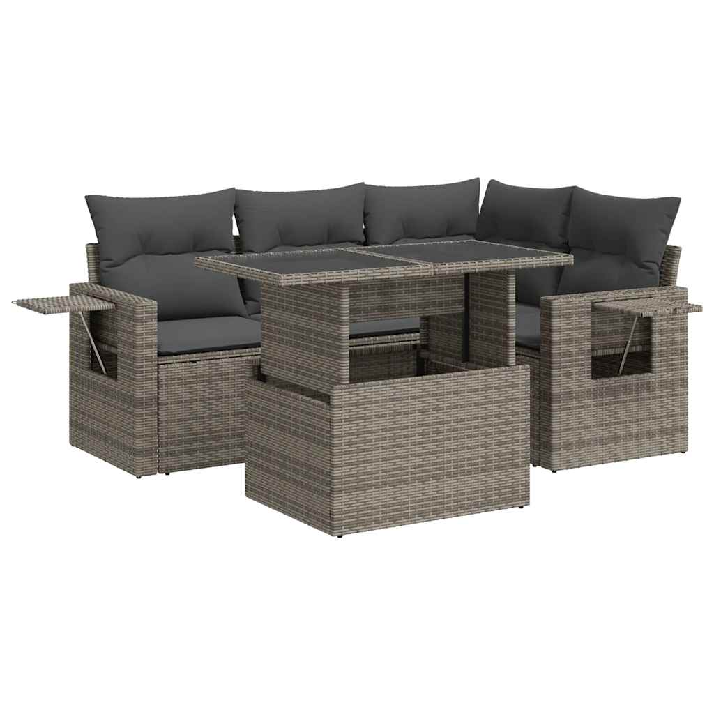 5-delige Loungeset met kussens poly rattan grijs