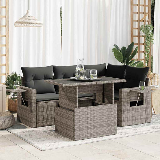 5-delige Loungeset met kussens poly rattan grijs