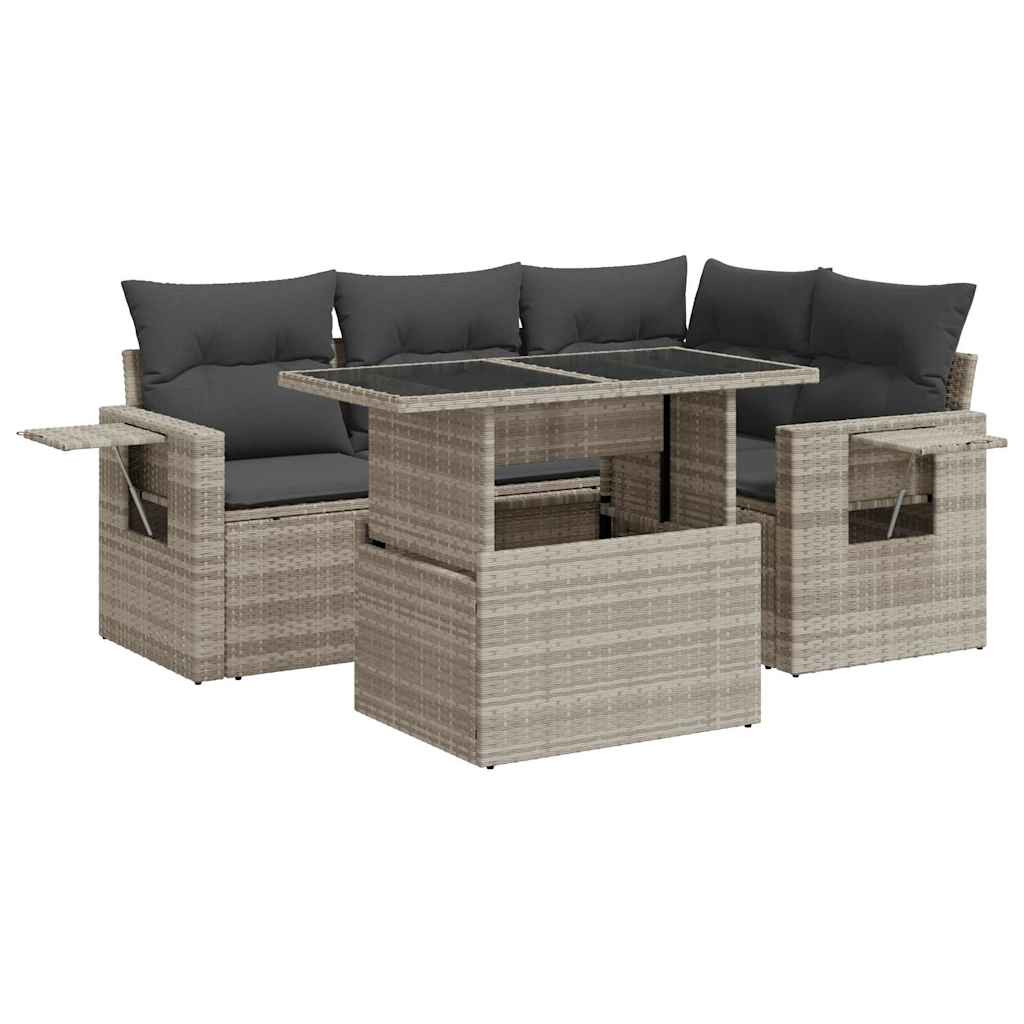 5-delige Loungeset met kussens poly rattan lichtgrijs