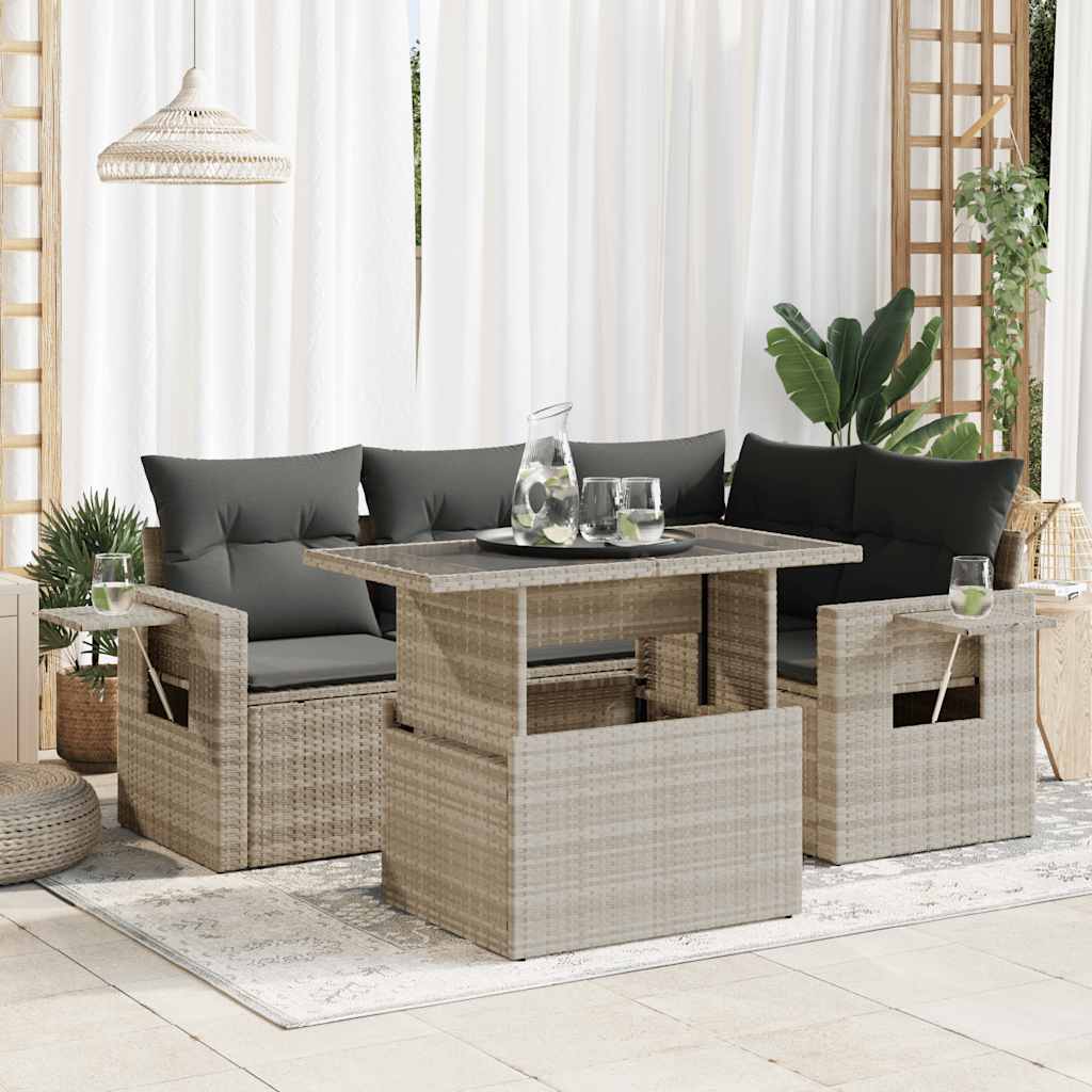 5-delige Loungeset met kussens poly rattan lichtgrijs