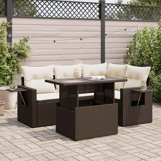 5-delige Loungeset met kussens poly rattan bruin