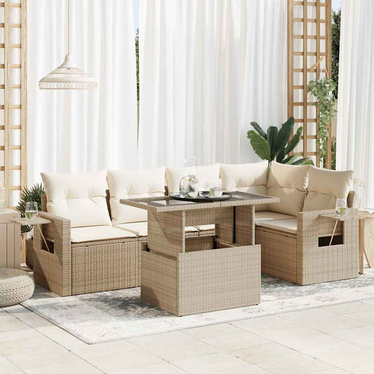 6-delige Loungeset met kussens poly rattan beige