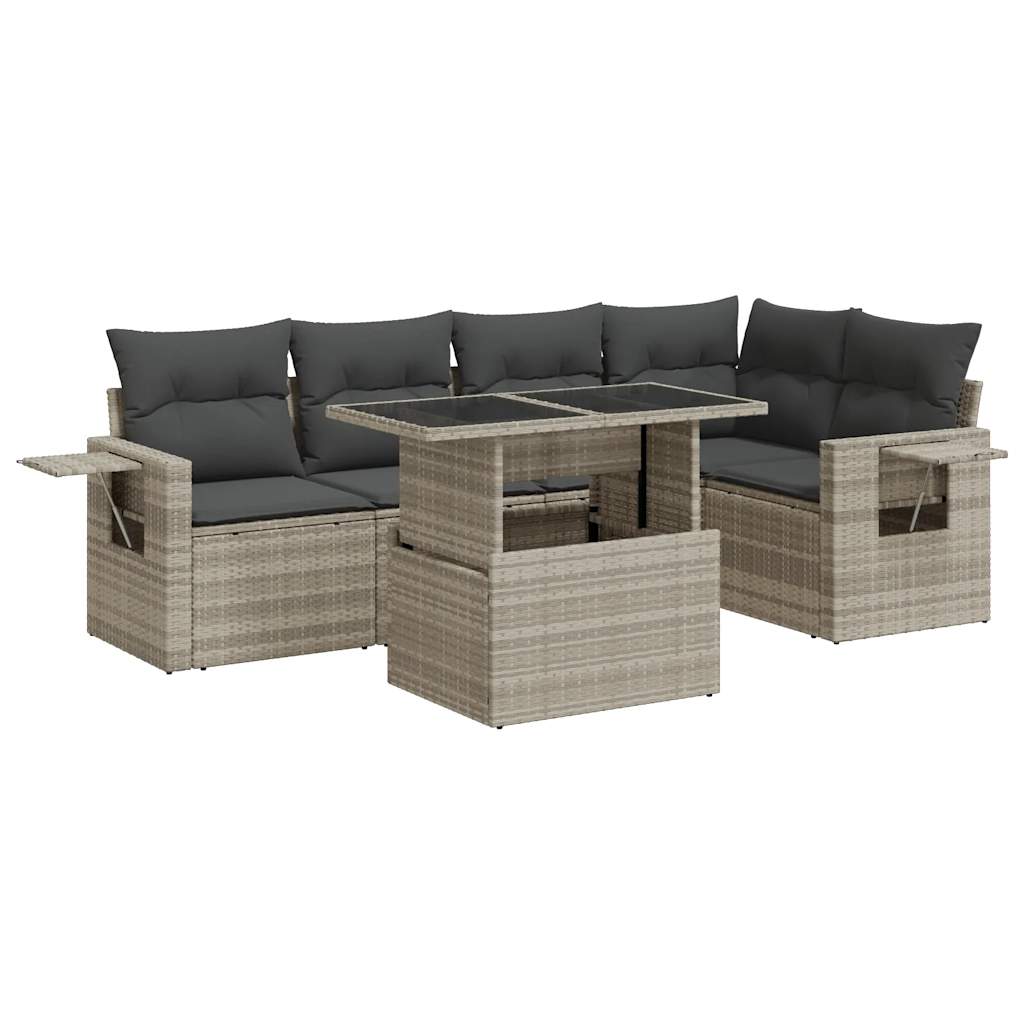 6-delige Loungeset met kussens poly rattan lichtgrijs