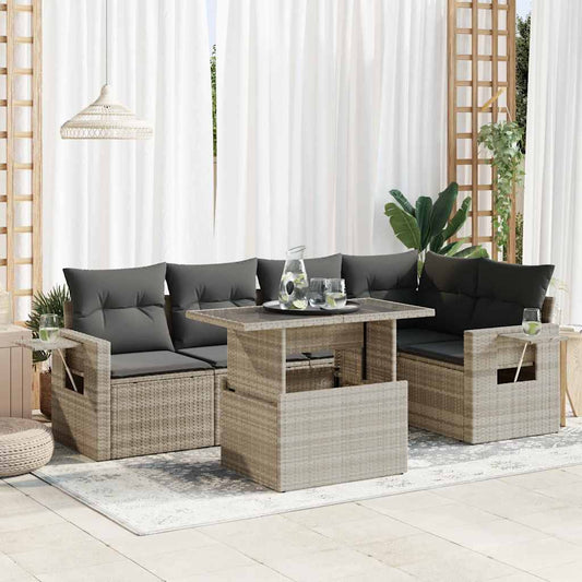 6-delige Loungeset met kussens poly rattan lichtgrijs