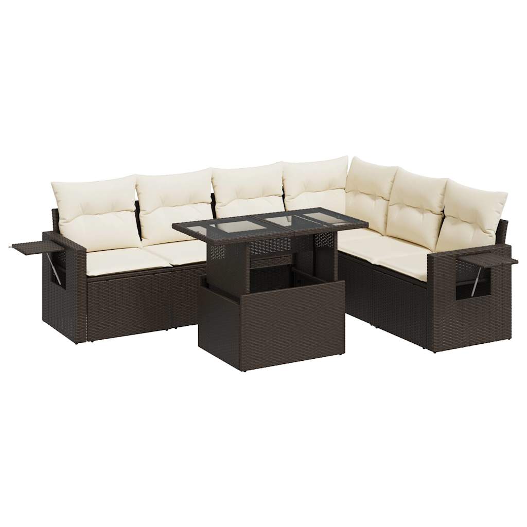 7-delige Loungeset met kussens poly rattan bruin