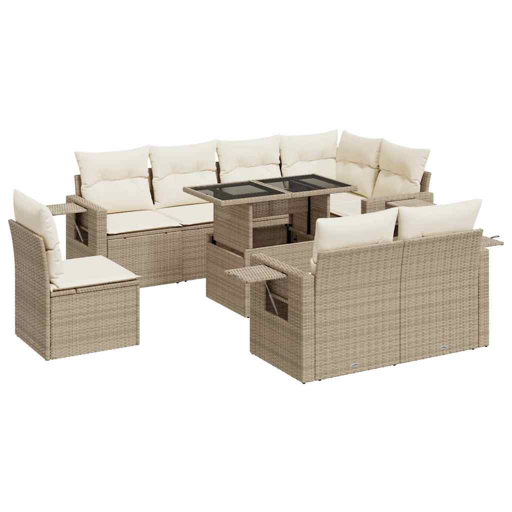 9-delige Loungeset met kussens poly rattan beige