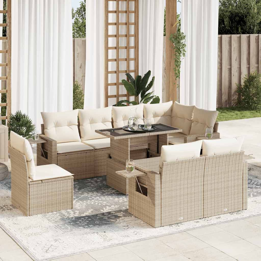 9-delige Loungeset met kussens poly rattan beige