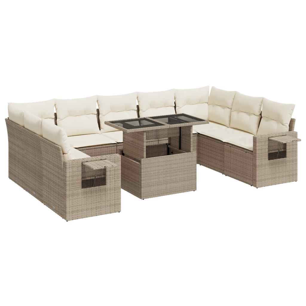 10-delige Loungeset met kussens poly rattan beige