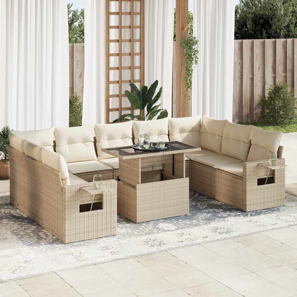 10-delige Loungeset met kussens poly rattan beige