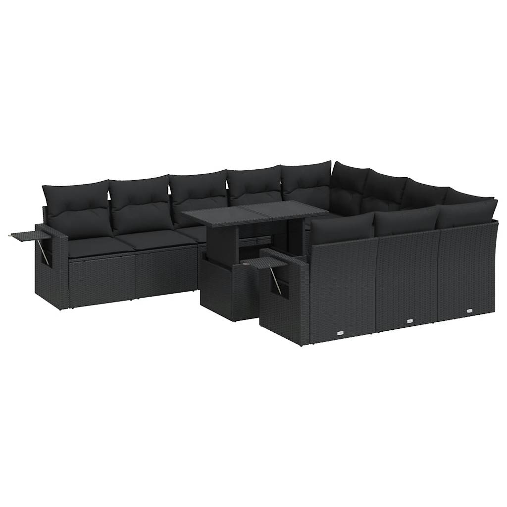 11-delige Loungeset met kussens poly rattan zwart