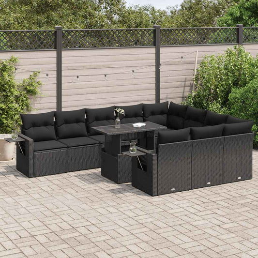 11-delige Loungeset met kussens poly rattan zwart