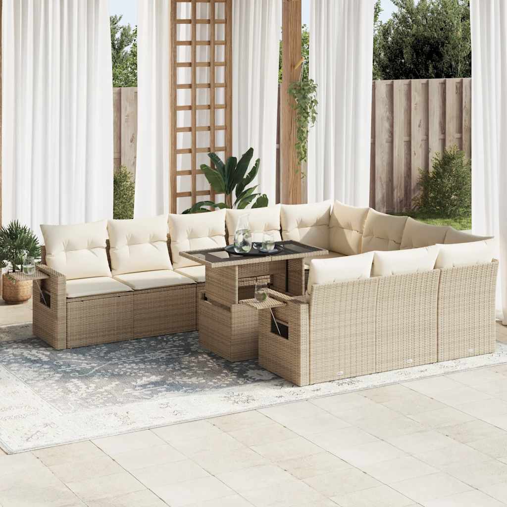 11-delige Tuinset met kussens poly rattan beige