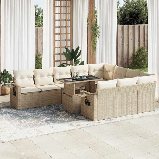 11-delige Tuinset met kussens poly rattan beige