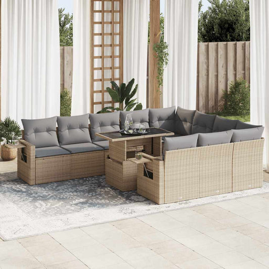 11-delige Tuinset met kussens poly rattan beige