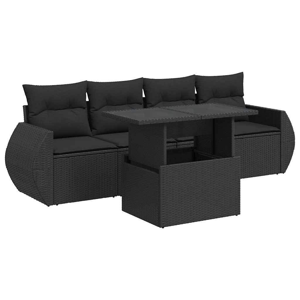 5-delige Loungeset met kussens poly rattan zwart