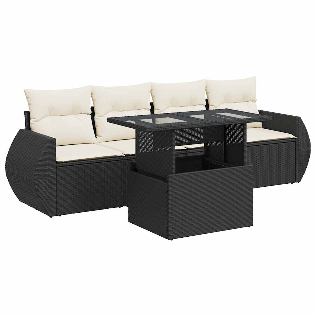 5-delige Loungeset met kussens poly rattan zwart