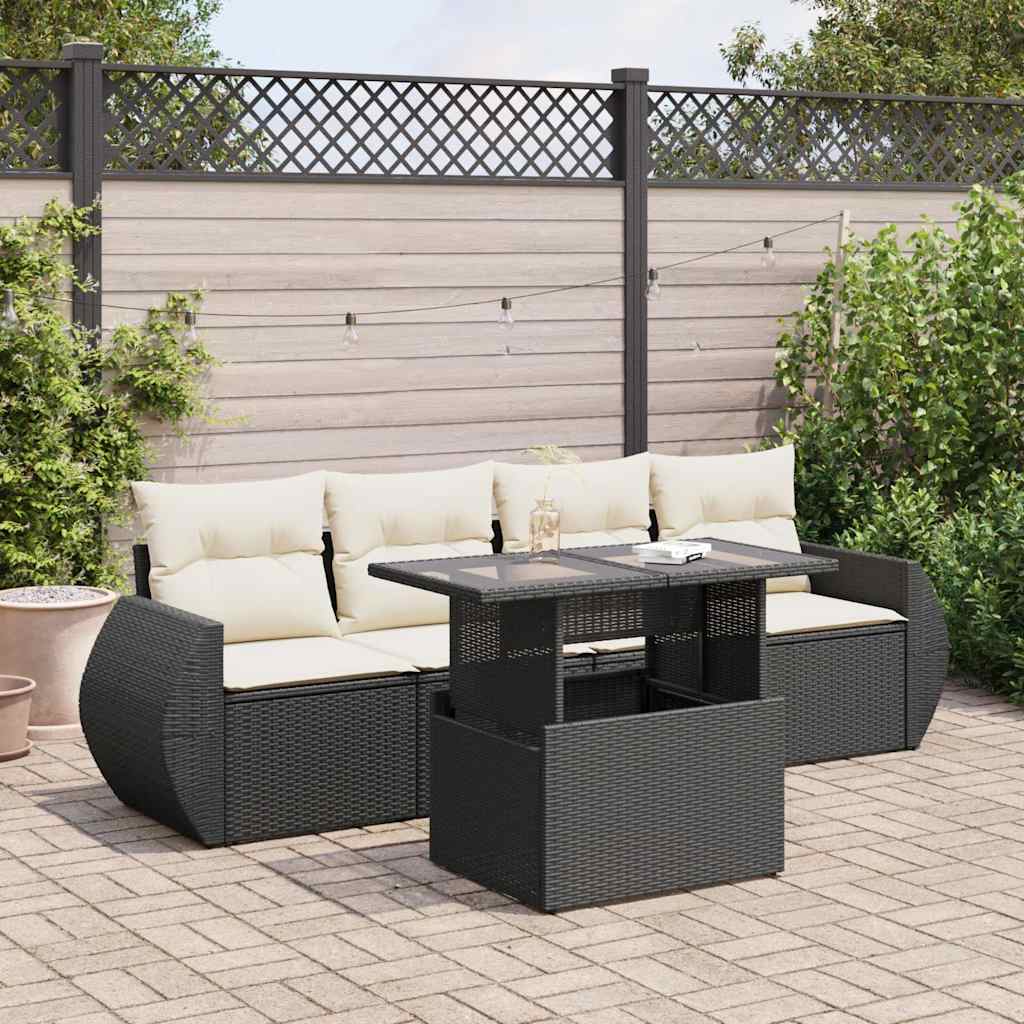 5-delige Loungeset met kussens poly rattan zwart