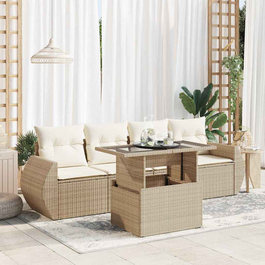 5-delige Loungeset met kussens poly rattan beige