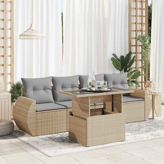 5-delige Loungeset met kussens poly rattan beige