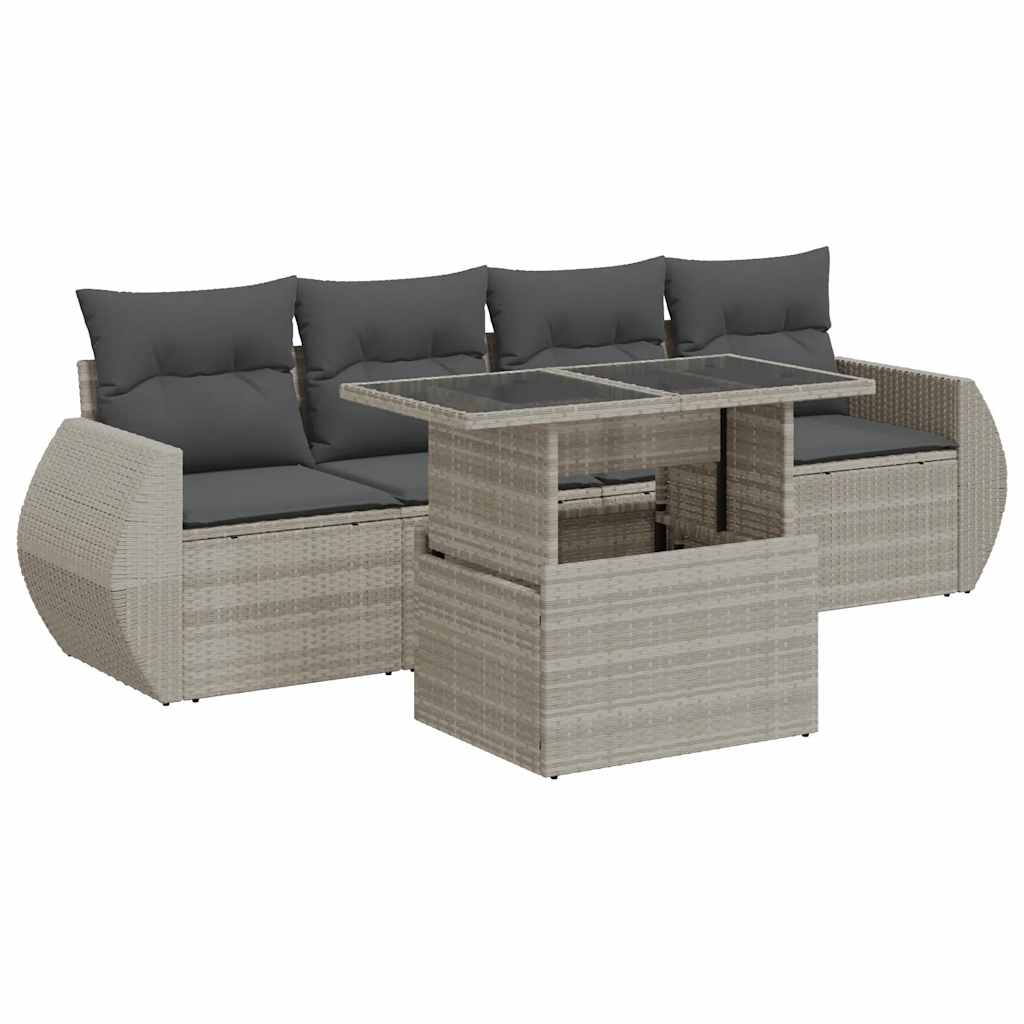 5-delige Loungeset met kussens poly rattan lichtgrijs