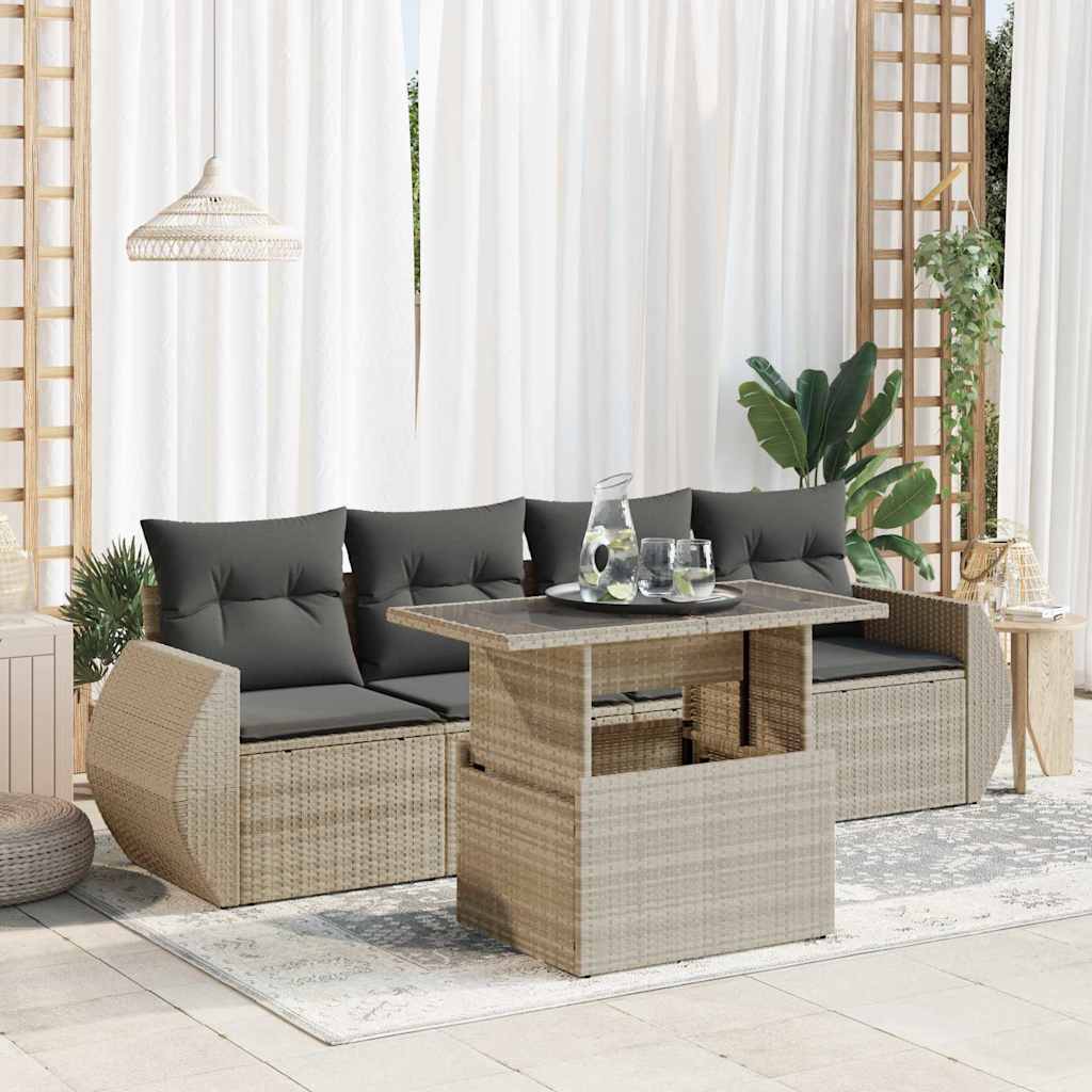 5-delige Loungeset met kussens poly rattan lichtgrijs