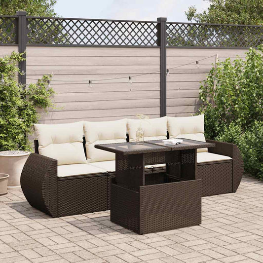 5-delige Loungeset met kussens poly rattan bruin