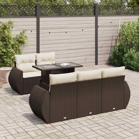 6-delige Loungeset met kussens poly rattan bruin