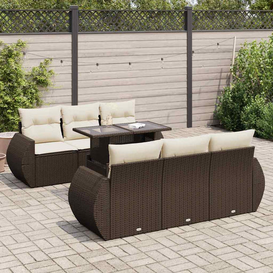 7-delige Loungeset met kussens poly rattan bruin