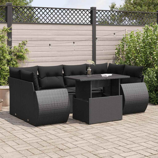 7-delige Loungeset met kussens poly rattan zwart