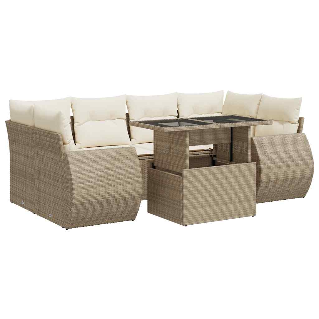 7-delige Loungeset met kussens poly rattan beige