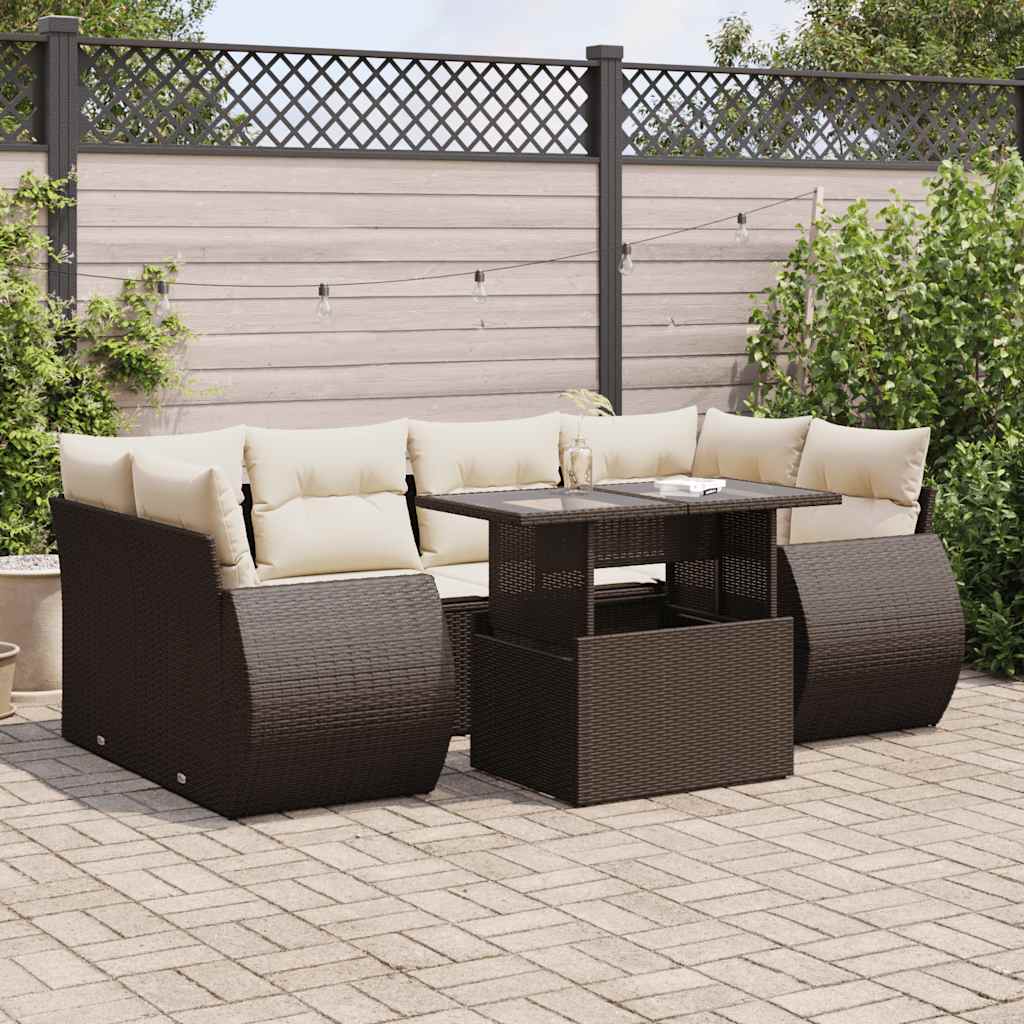 7-delige Loungeset met kussens poly rattan bruin