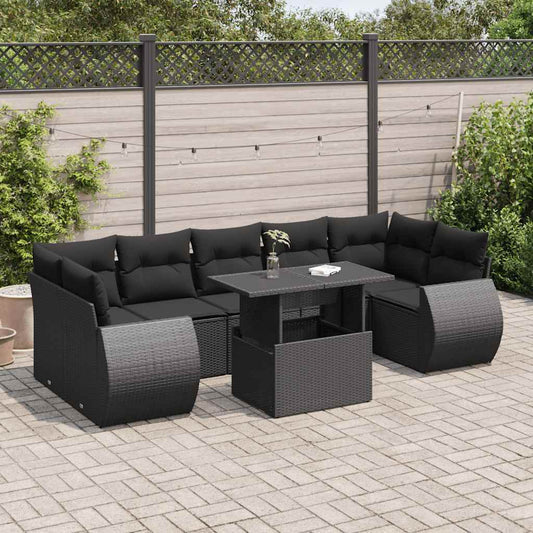 8-delige Loungeset met kussens poly rattan zwart