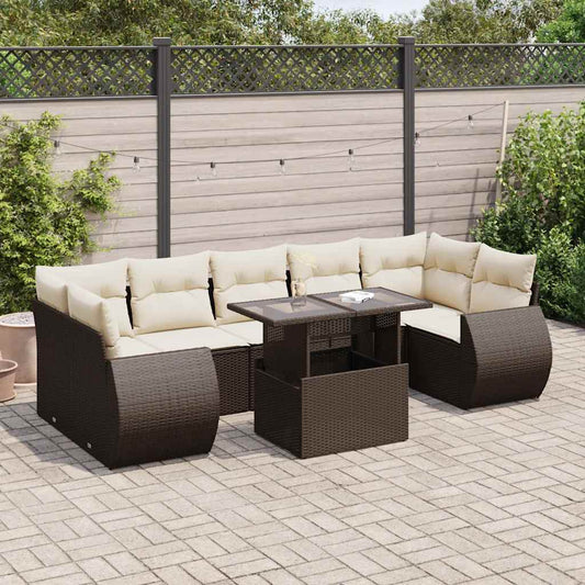 8-delige Loungeset met kussens poly rattan bruin