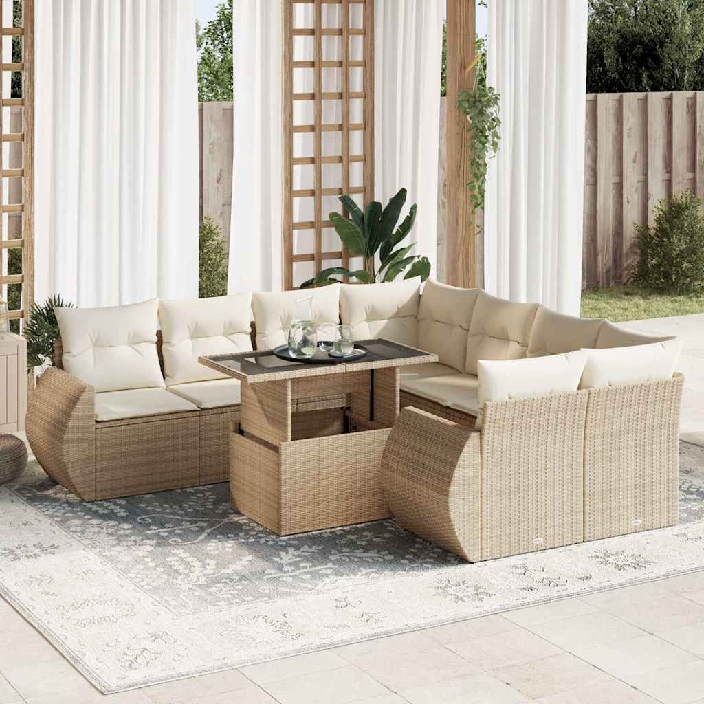 9-delige Loungeset met kussens poly rattan beige