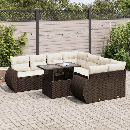 9-delige Loungeset met kussens poly rattan bruin