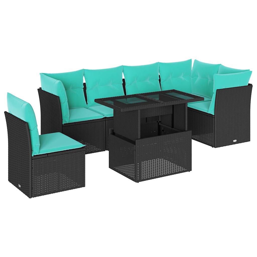 6-delige Loungeset met kussens poly rattan zwart