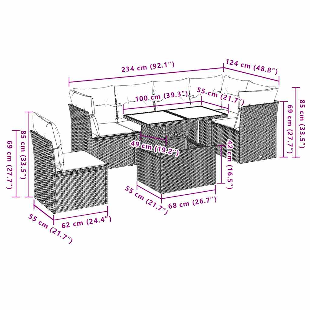 6-delige Loungeset met kussens poly rattan zwart