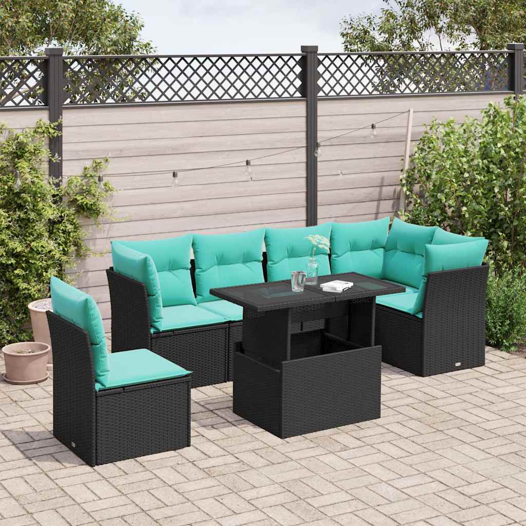 6-delige Loungeset met kussens poly rattan zwart