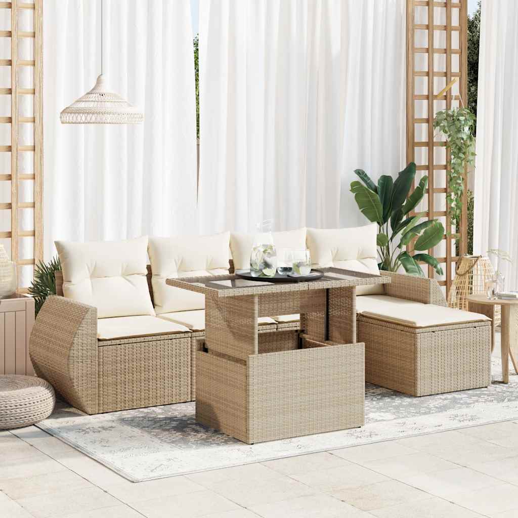 6-delige Loungeset met kussens poly rattan beige