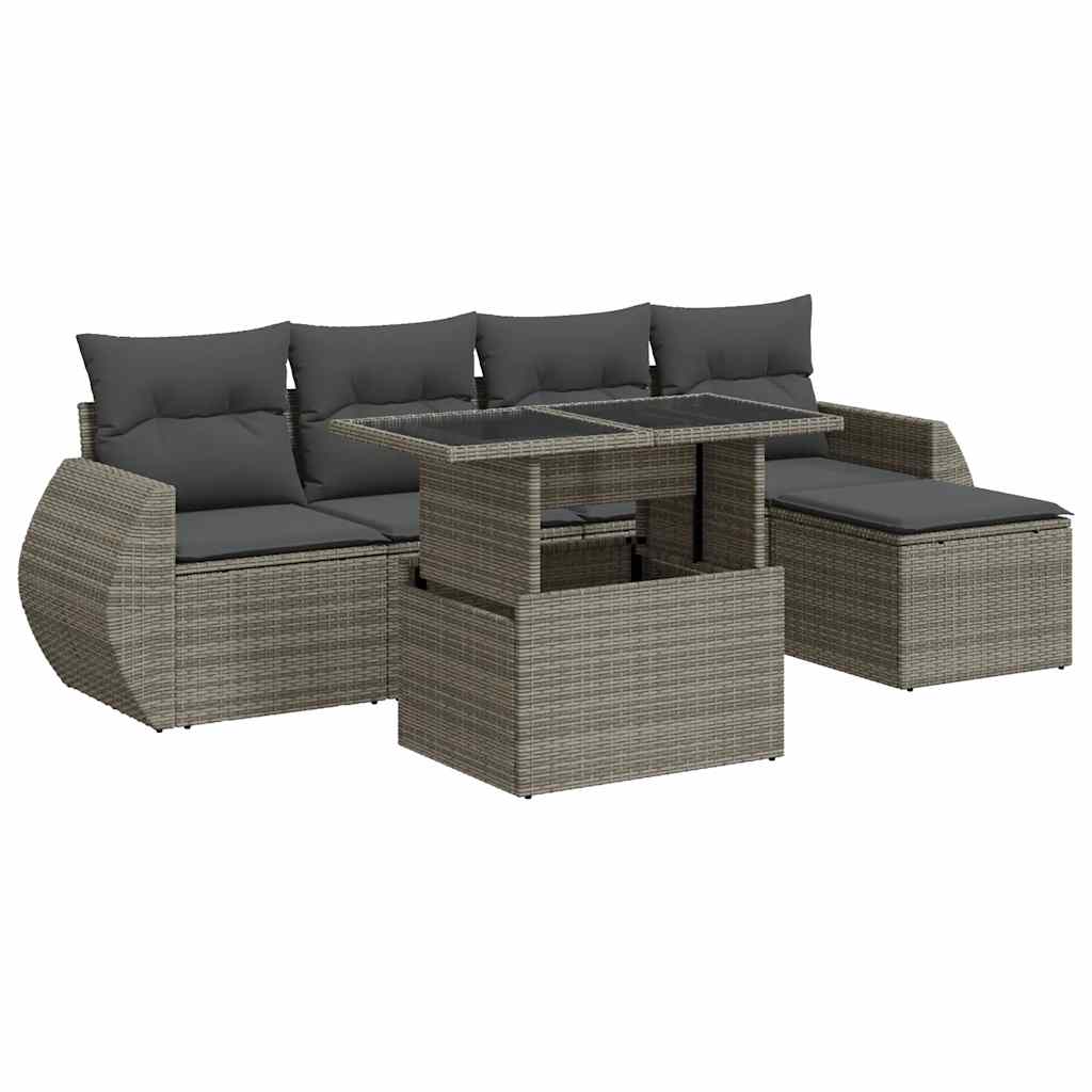 6-delige Loungeset met kussens poly rattan grijs